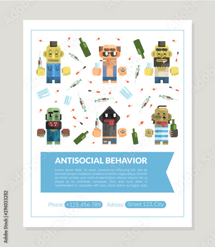 Addicted Men Landing Page Template, Male Characters with Pernicious Habits, Drug, Alcoholism, Smoking, Vagrancy Vector Illustration