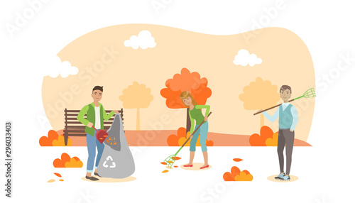 People Volunteers Cleaning up Autumn Leaves in the City Park Vector Illustration