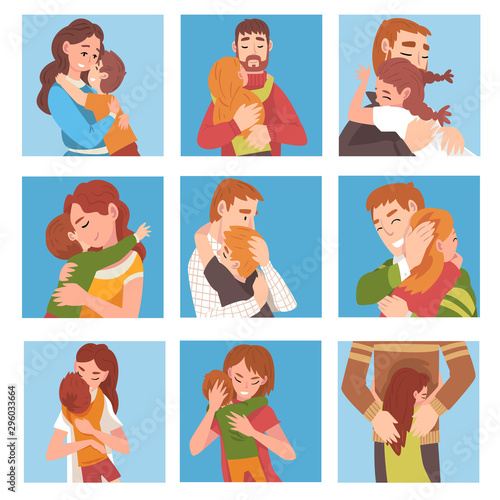 Set of people. Family characters are hugging cartoon vector illustration