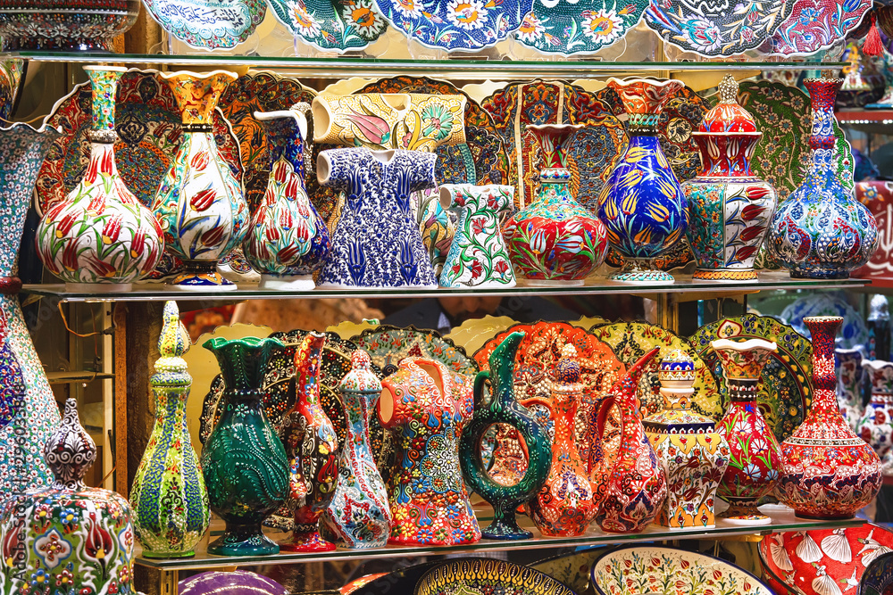 Traditional decorated turkish tableware sold in Grand Bazaar in Istanbul, popular tourist attraction