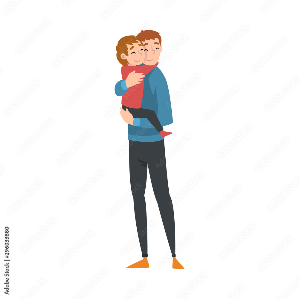Father holds in his arms a child who hugs him cartoon vector illustration Father holds in his arms a child who hugs him cartoon vector illustration