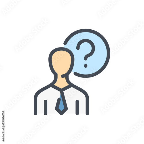 Business person with question mark color line icon. Support assistant person vector outline colorful sign.