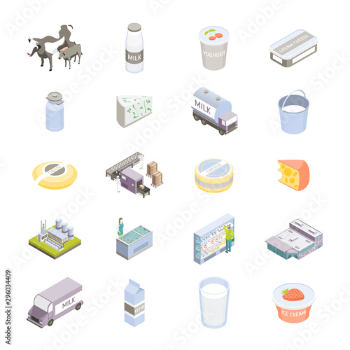 Milk Factory Signs 3d Icon Set Isometric View. Vector