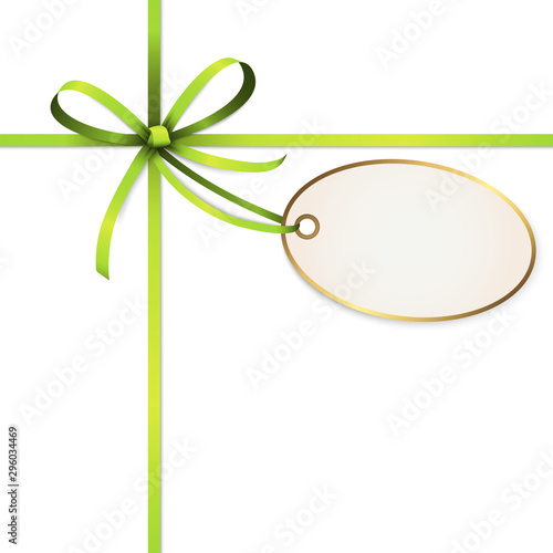 green colored ribbon bow with hang tag