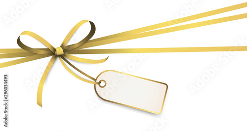 golden colored ribbon bow with hang tag