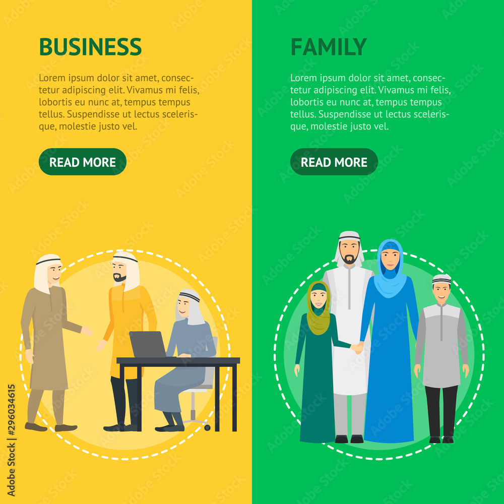 Cartoon Characters Muslim Man and Woman People Banner Vecrtical Set. Vector Cartoon Characters Muslim Man and Woman People Banner Vecrtical Set. Vector