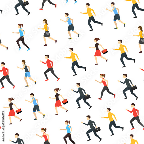 Cartoon Characters Runners Man and Woman People Seamless Pattern Background. Vector
