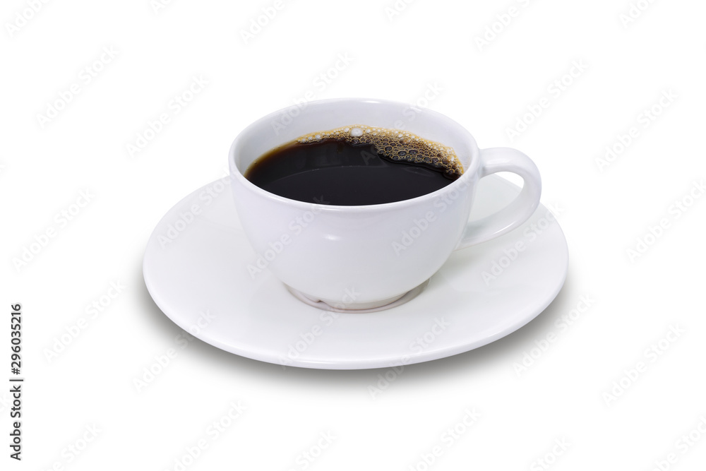 Closeup white cup of black coffee isolated on white background. Clipping path Closeup white cup of black coffee isolated on white background. Clipping path