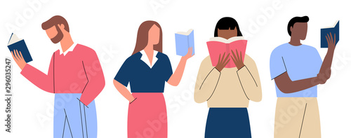 Bundle of people reading books. Collection of students studying and preparing for examination. Set of book lovers, readers, literature fans isolated on white background. Flat vector illustration