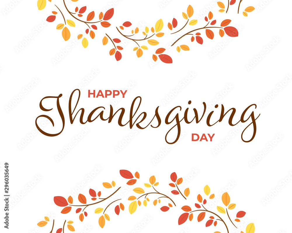 Vector thanksgiving day banner horizontal template illustration. Curly typo with red and yellow leaves isolated on white background. Design for color season holiday poster, greeting card, shirt print.
