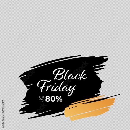 Vector grunge black friday square banner template. Brush stroke copy space with gold element white font discount text on black frame. Design element for poster, ad, sale, greeting card, voucher
