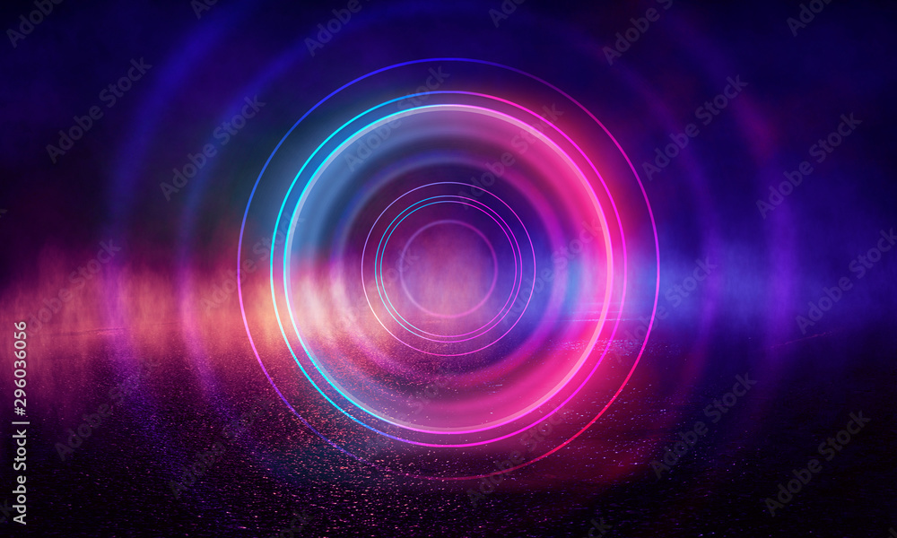 Neon circle on a dark street background, wet asphalt. Blue neon, smoke, smog. Night view of a street with neon. Abstract neon dark background. Neon circle on a dark street background, wet asphalt. Blue neon, smoke, smog. Night view of a street with neon. Abstract neon dark background.