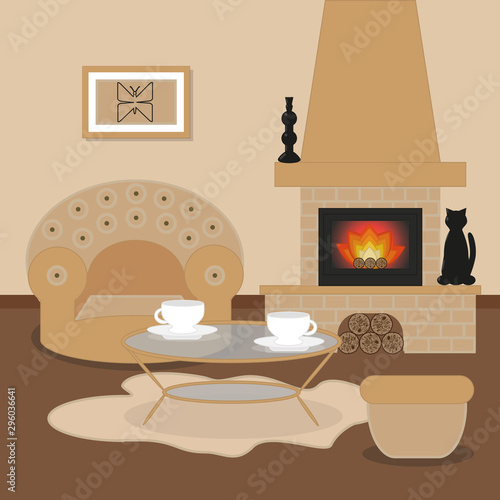 Cute living room interior design with fireplace, sofa, furniture, vase, picture with butterfly, tea table.