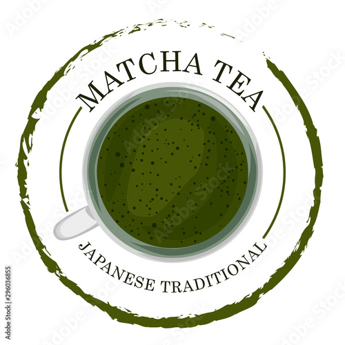 The logo of Matcha tea. Traditional Japanese green tea in a cup. Vector illustration for design and web.