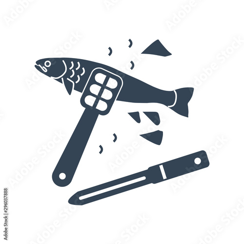 black icon fish processing, cleaning fish scales with knife