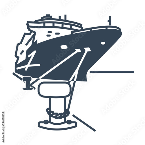 black icon ship moored in port, bollard with mooring ropes