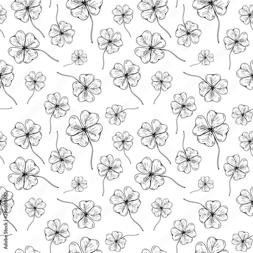 Clover pattern. Hand drawn four leaf clovers on transparent backdrop. Seamles vector background