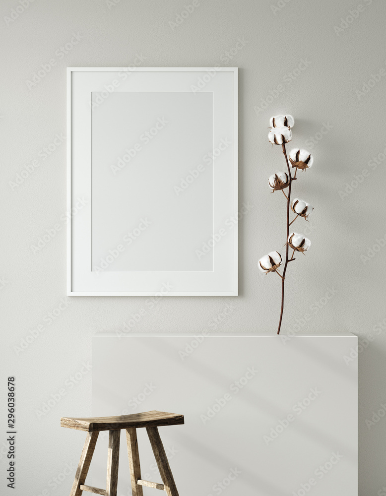 Fototapeta Makiety ramki plakatowej w nowoczesnym wnętrzu salonu. Wnętrze w stylu skandynawskim. renderowania 3D