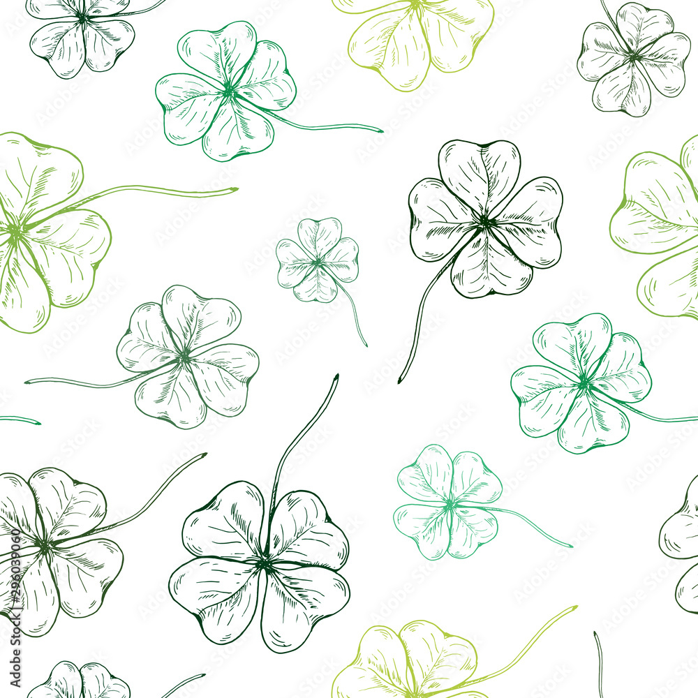 Clover pattern. Green, hand drawn four leaf clovers on transparent backdrop. Seamles vector background