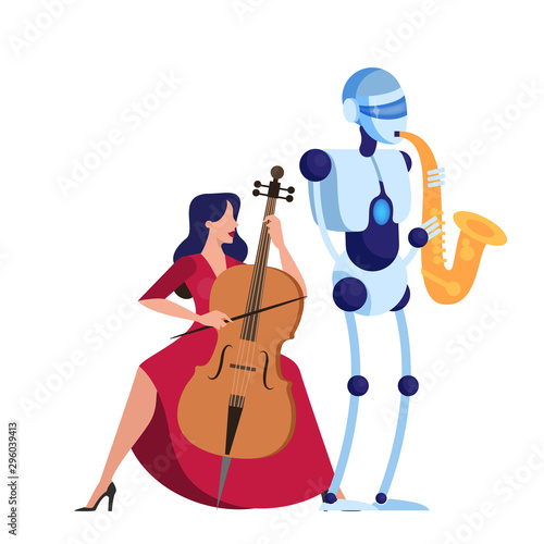 Robot saxophonist play music with woman together.