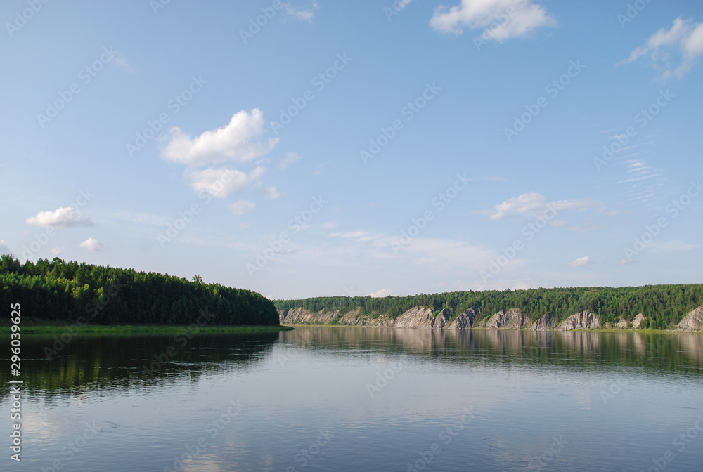 The rocky bank of the Yenisei River on the way by boat from the city of Krasnoyarsk to the north.