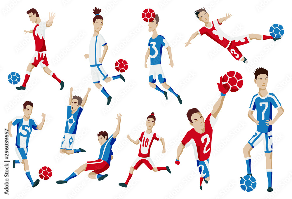 Set of football player characters showing different actions. Cheerful soccer player standing, running, kicking the ball, jumping, celebrating victory. Simple style vector illustration.