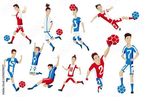 Set of football player characters showing different actions. Cheerful soccer player standing  running  kicking the ball  jumping  celebrating victory. Simple style vector illustration.