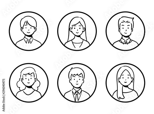 Doodle set of avatar office workers, cheerful people, hand-drawn icon style, character design, vector illustration.