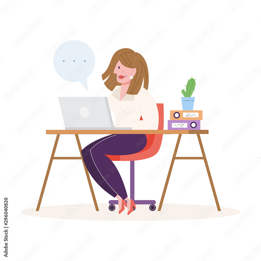 Woman working at the desk, office character at the workplace.