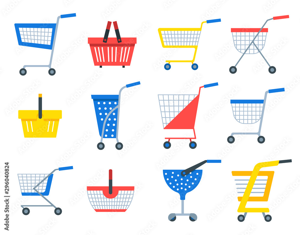 Shopping carts or shop supermarket trolley baskets vector different types  flat isolated icons set. Stock-Vektorgrafik | Adobe Stock