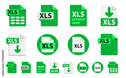Collection of vector icons XLSx, XLS. File format extensions icons. 8 different design options. Circle buttons. flat design style