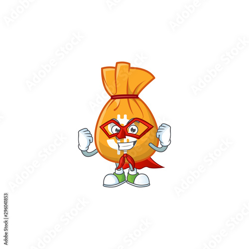 Super hero cartoon bag of money with mascot