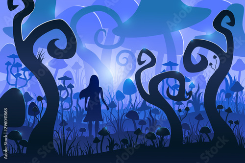 Girl in a magical mushroom forest. Psychedelic mushrooms. Vector illustration.