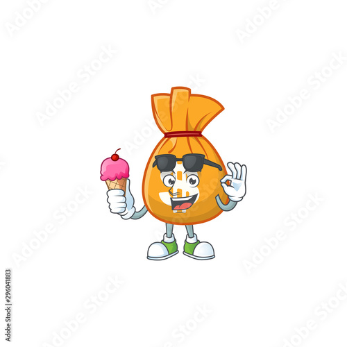 With ice cream cartoon bag of money with mascot