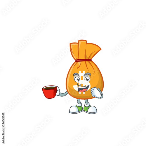 Drinking in cup cartoon bag of money with mascot