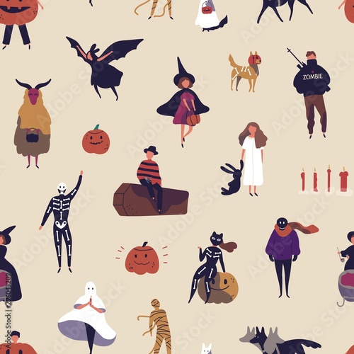 Horror characters flat vector seamless pattern. Halloween decorative texture. People in spooky outfits cartoon illustration. Autumn tradition. Festive wrapping paper, wallpaper, textile design.