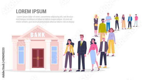 Queue to the bank. Many people standing and waiting in line