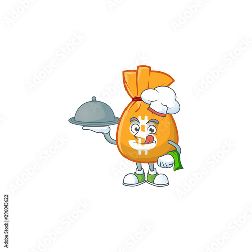 Chef with food the bag of money for saving.
