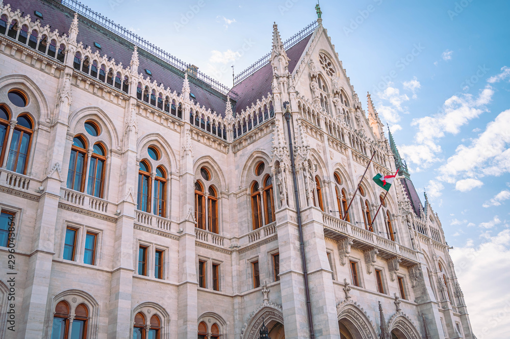 Budapest Parliament in Hungary at daytime. Close up One of the most beautiful buildings in the Hungarian capital
