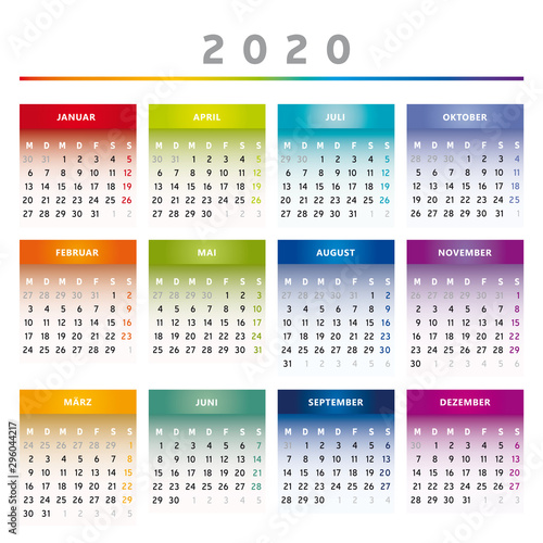 Calendrier 2020 - Couleurs Arc-En-Ciel - 4 Colonnes / Trimestres en Allemand