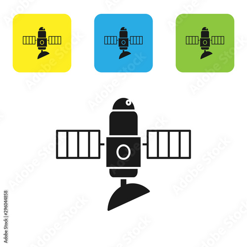 Black Satellite icon isolated on white background. Set icons colorful square buttons. Vector Illustration