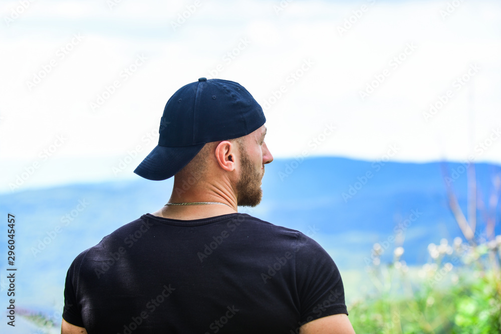 Power of nature. Discover world. Masculinity and male energy. Man muscular bodybuilder mountain landscape background. Natural power. Masculine power. Tourist walking mountain hill. Hiking concept