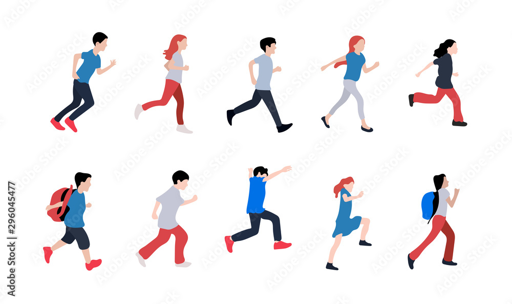 Set of running men and women. Set of funny smiling people in hurry or haste. Happy flat cartoon characters isolated on white background. Vector illustration.
