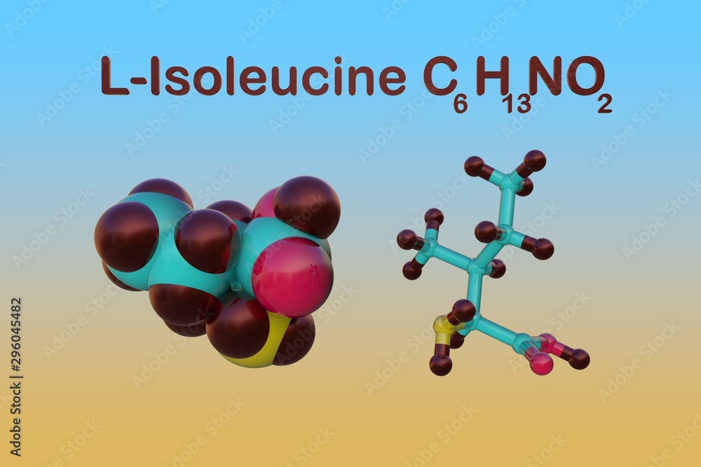 Structural chemical formula and molecular model of lisoleucine or