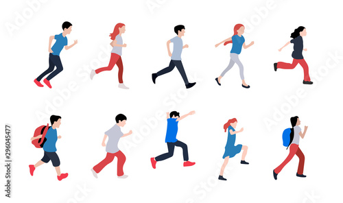 Set of running men and women. Set of funny smiling people in hurry or haste. Happy flat cartoon characters isolated on white background. Vector illustration. © abworks
