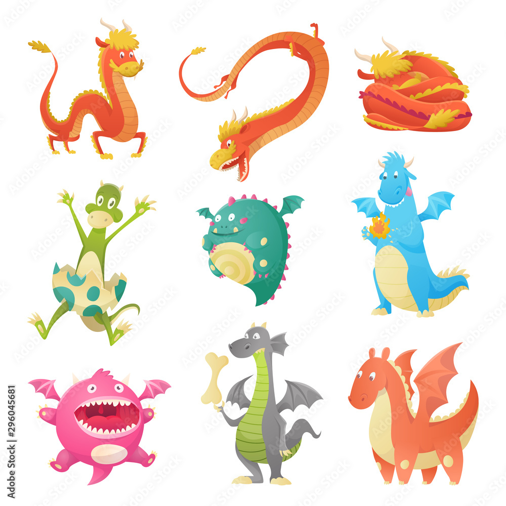 Obraz premium Dragon cartoon vector cute dragonfly dino character baby dinosaur for kids fairytale dino illustration isolated on white background.