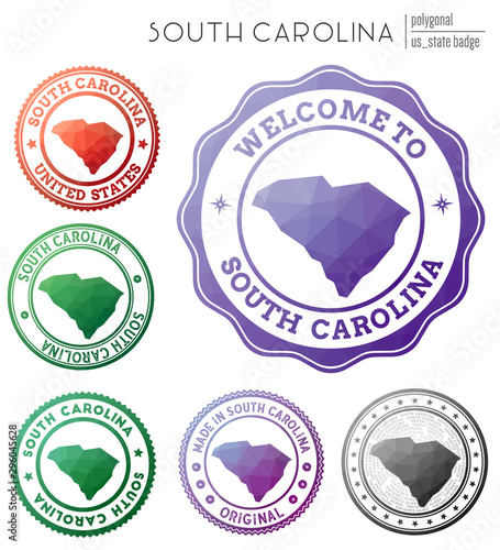 South Carolina badge. Colorful polygonal us state symbol. Multicolored geometric South Carolina logos set. Vector illustration.