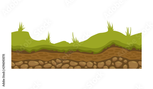 Seamless ground, soil and land vector image for UI games. Surface of ground, stone grass illustration.