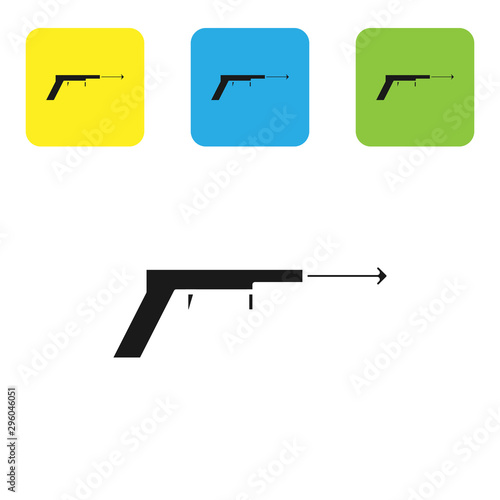 Black Fishing harpoon icon isolated on white background. Fishery manufacturers for catching fish under water. Diving underwater equipment. Set icons colorful square buttons. Vector Illustration