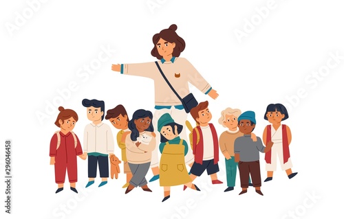 Kindergarten tutor and pupils flat vector illustration. Smiling adult woman and little kids cartoon characters. Primary school, day care center design element. Teacher and preschool children on stroll